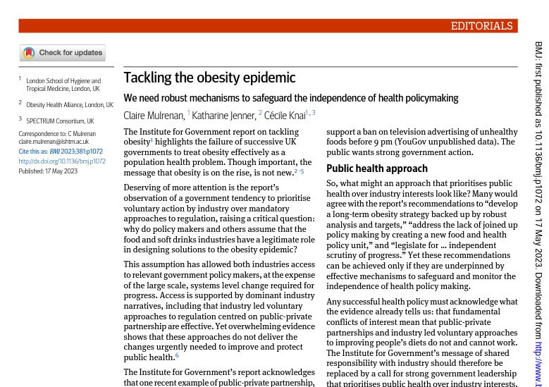 Screenshot of the text  Tackling the obesity epidemic - free access