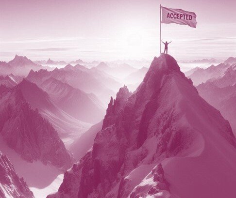 Illustration av en person som har klättrat upp på ett högt berg med en flagga där det står "accepted".