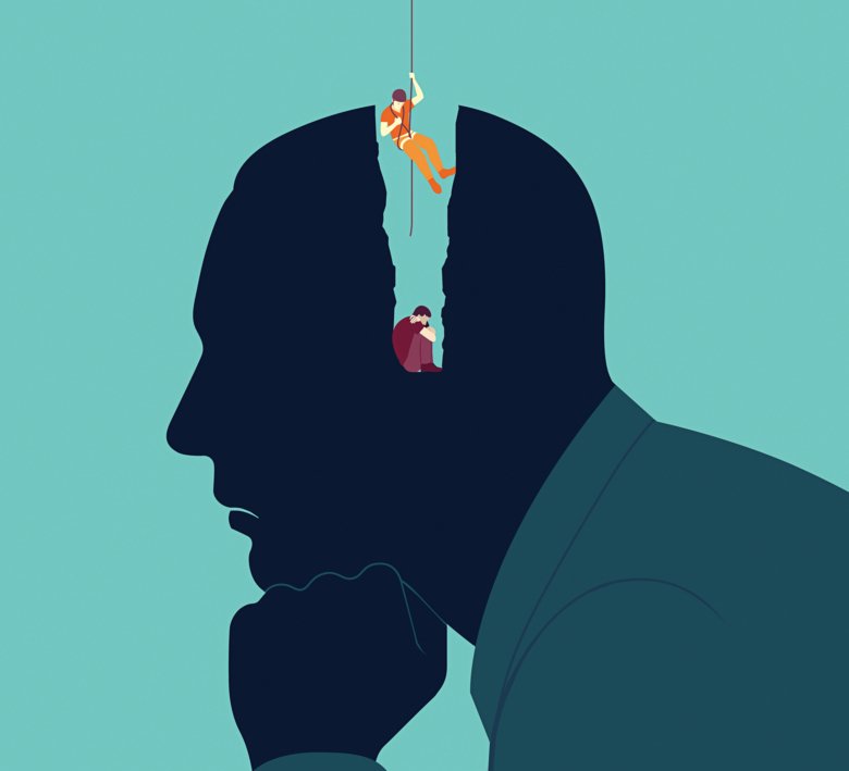 Illustration av en man i silhuett som har en stor ravin i huvudet, där någon sitter längst ner och deppar och någon annan tar sig upp med ett rep.