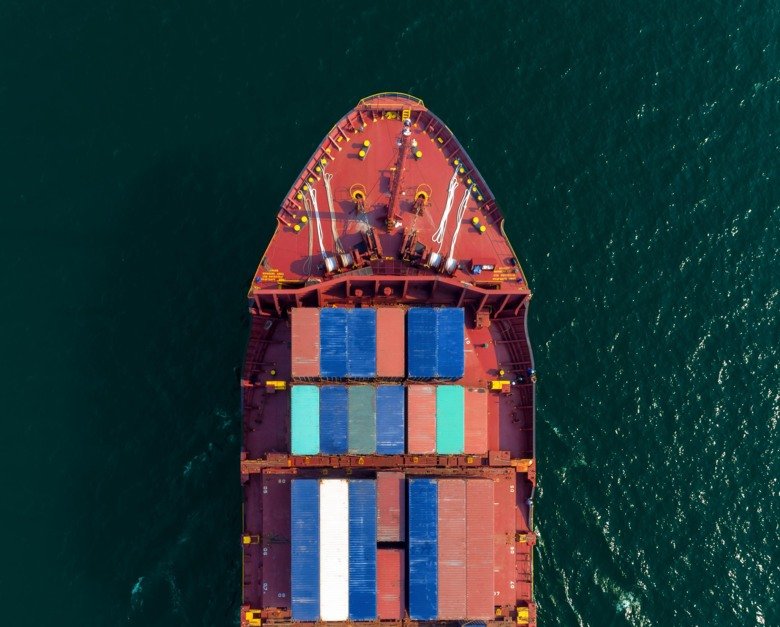 Picture of a cargo ship from above.