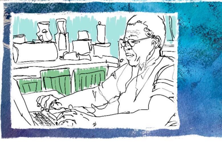 illustration av en äldre kvinna som sitter vid ett bord och skriver på en bärbar dator.
