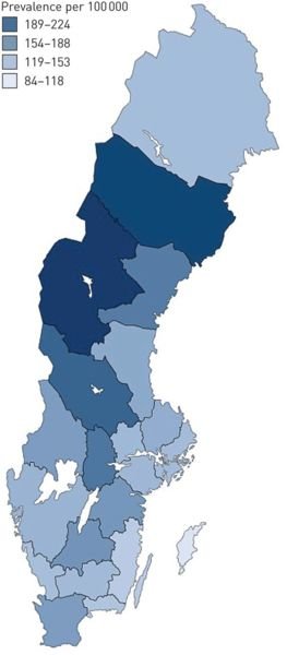 Map of sarcoidosis prevalence in Sweden (Arkema et al, ERJ 2016)