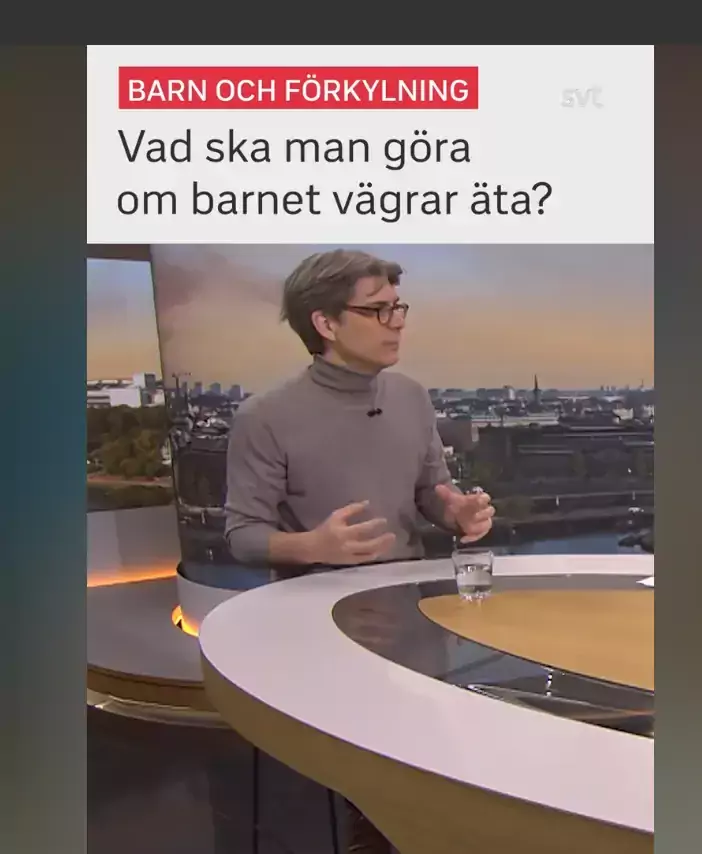 Tobias Alfvén in Swedish TV morning show answering questions about children and virus season with the text what do you do if your child refuses to eat?