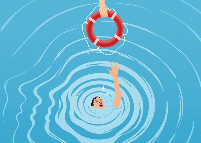 Illustration av en person i vattnet som får en livboj