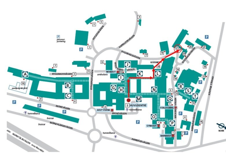 Map of Danderyds hospital showing the way fråm KIDS to Clinicum