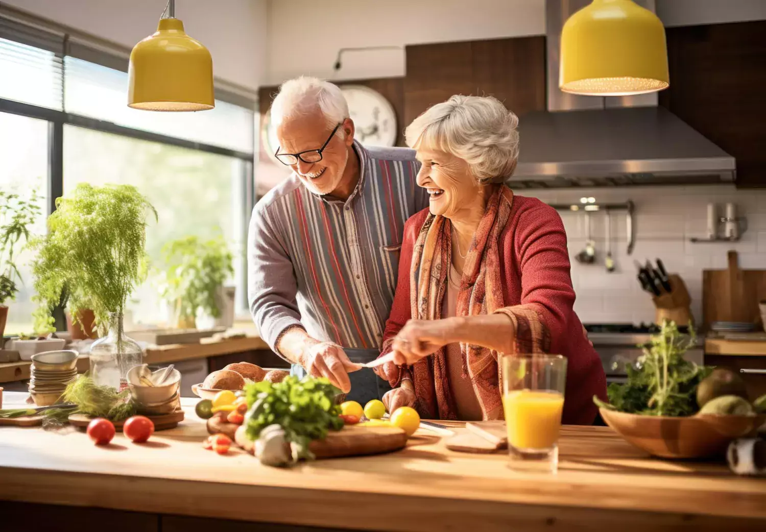 Two smiling elderly preparing food in the kitchen