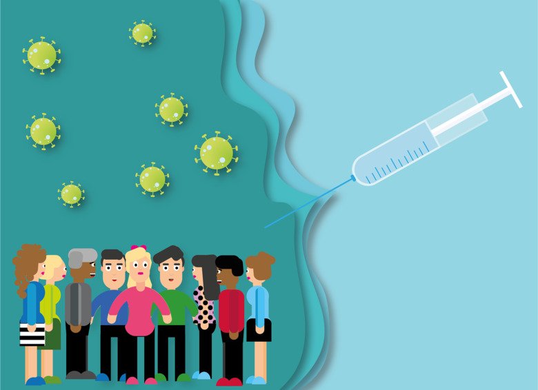 Illustration of a group of people surrounded by virus, all being sucked into a syringe..