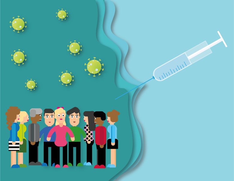 Tecknad illustration av en grupp människor omgiven av virus som alltsammans sugs in i en spruta.
