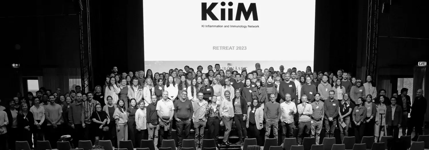 The participants of the Kiim retreat on the standing on a conference stage.