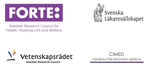 Logotyper för flera finansiärer, inklusive FORTE, Svenska Läkaresällskapet, Vetenskapsrådet och CIMED.