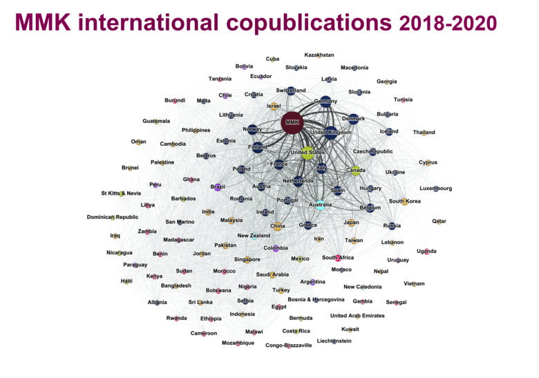 Grafiskt diagram över 119 länder som forskare vid MMK sampublicerar med