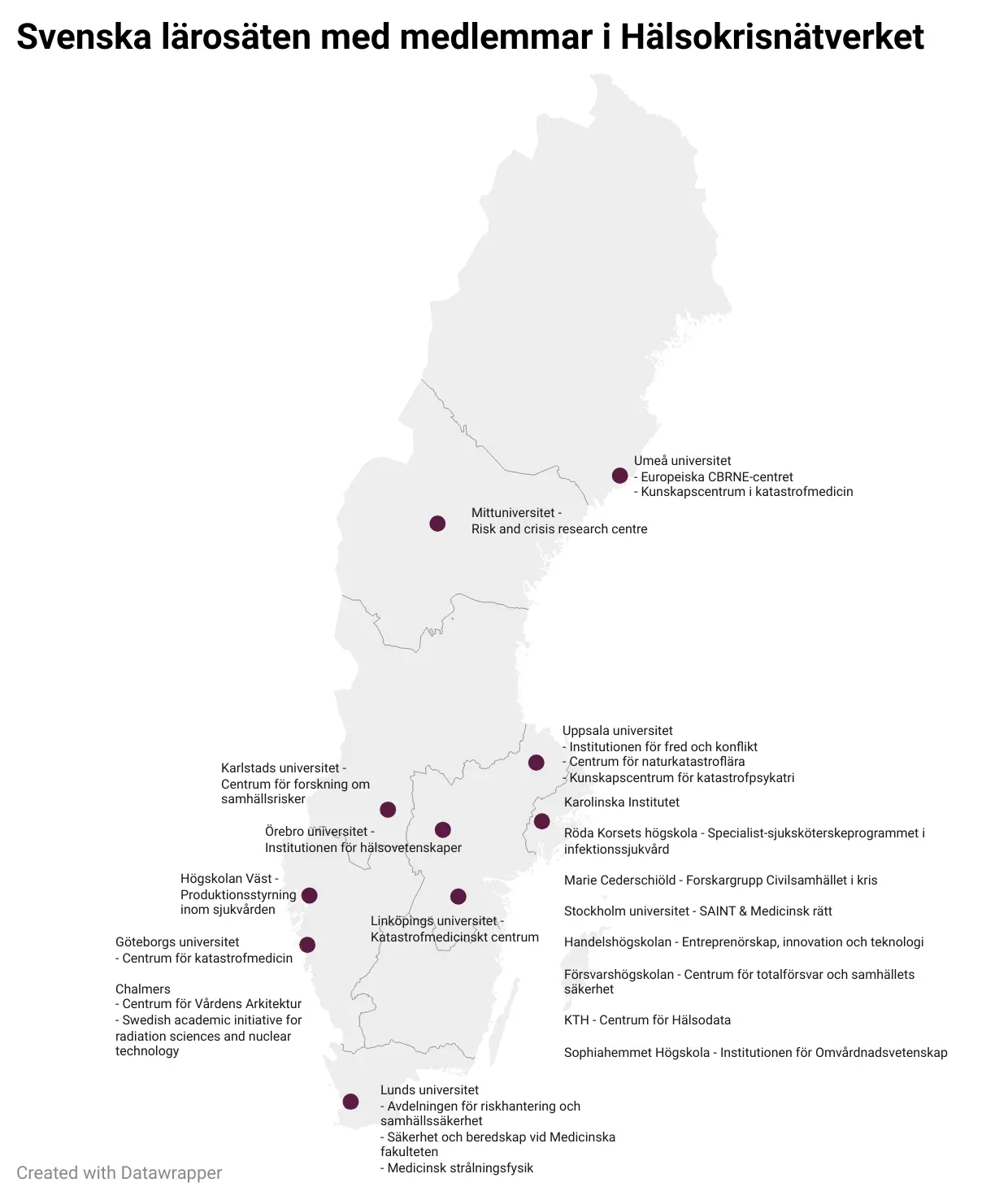 Sverigekarta som markerar ut var lärosätena som ingår i Hälsokrisnätverket ligger