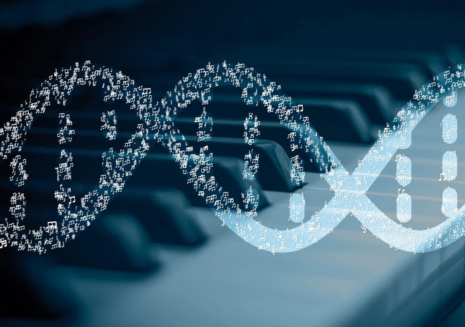 Decorative image representinga a musical DNA spiral that is used in presentations of the research group's work on the genetics of music.