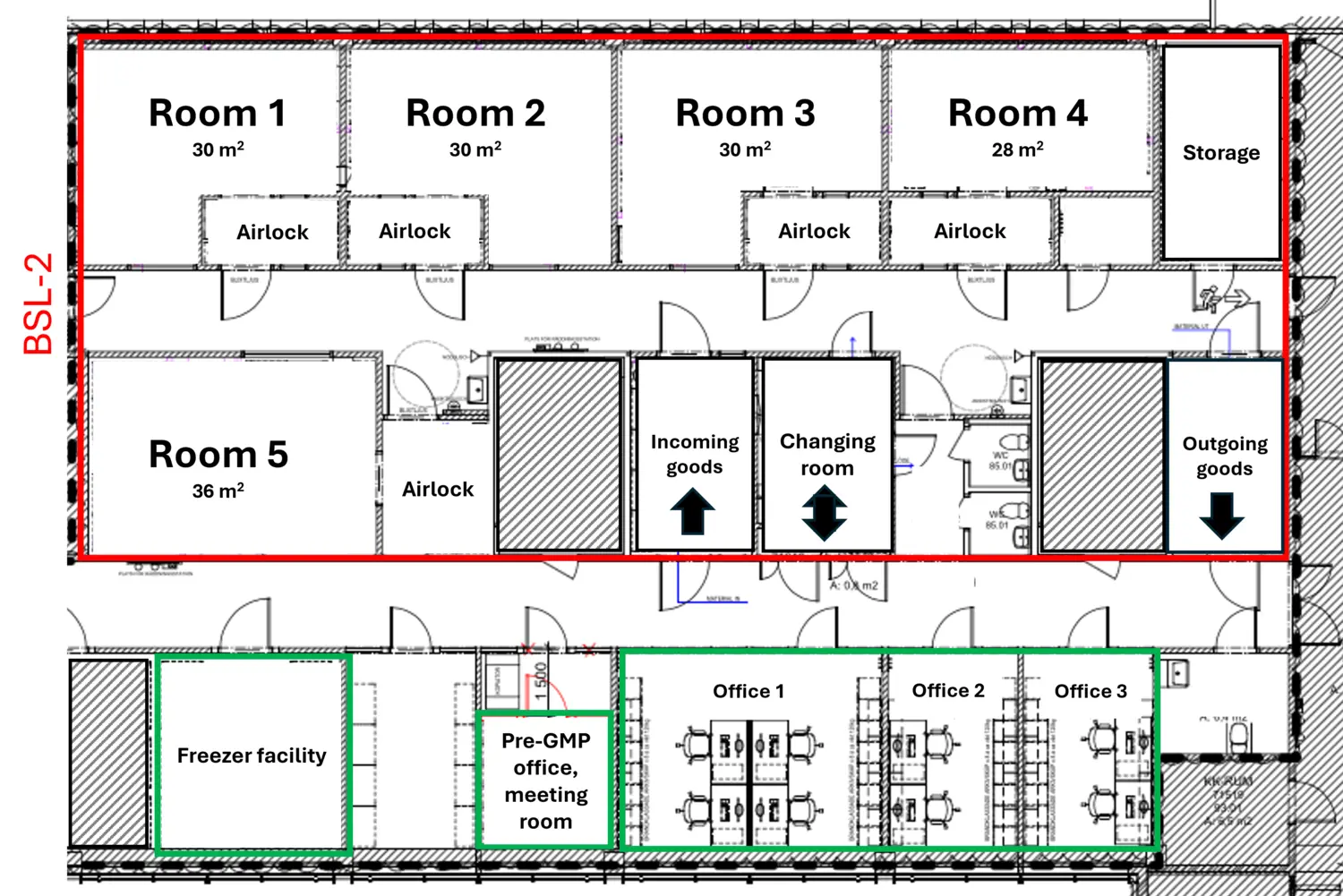 Drawing showing the floor plan for Pre-GMP's premises in ANA Futura.