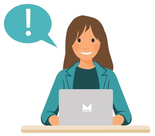 Tecknad person som sitter bakom en dator. Ett utropstecken i en pratbubbla.