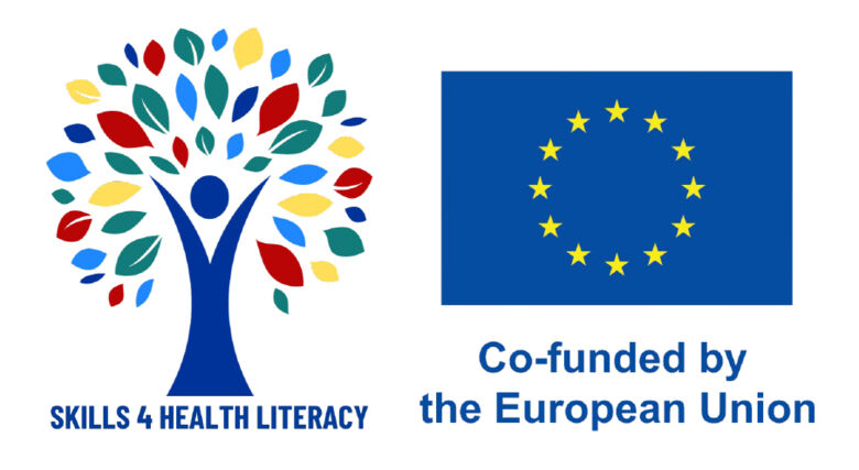 Logo för Skills 4 health literacy + logo med Co-funded by the European Union