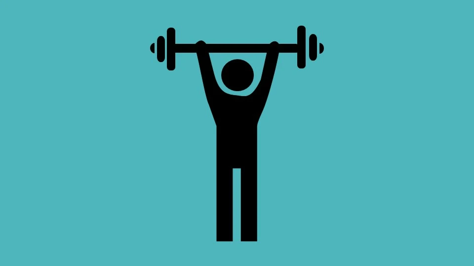 Icon of person lifting a barbell over their head. Teal background.
