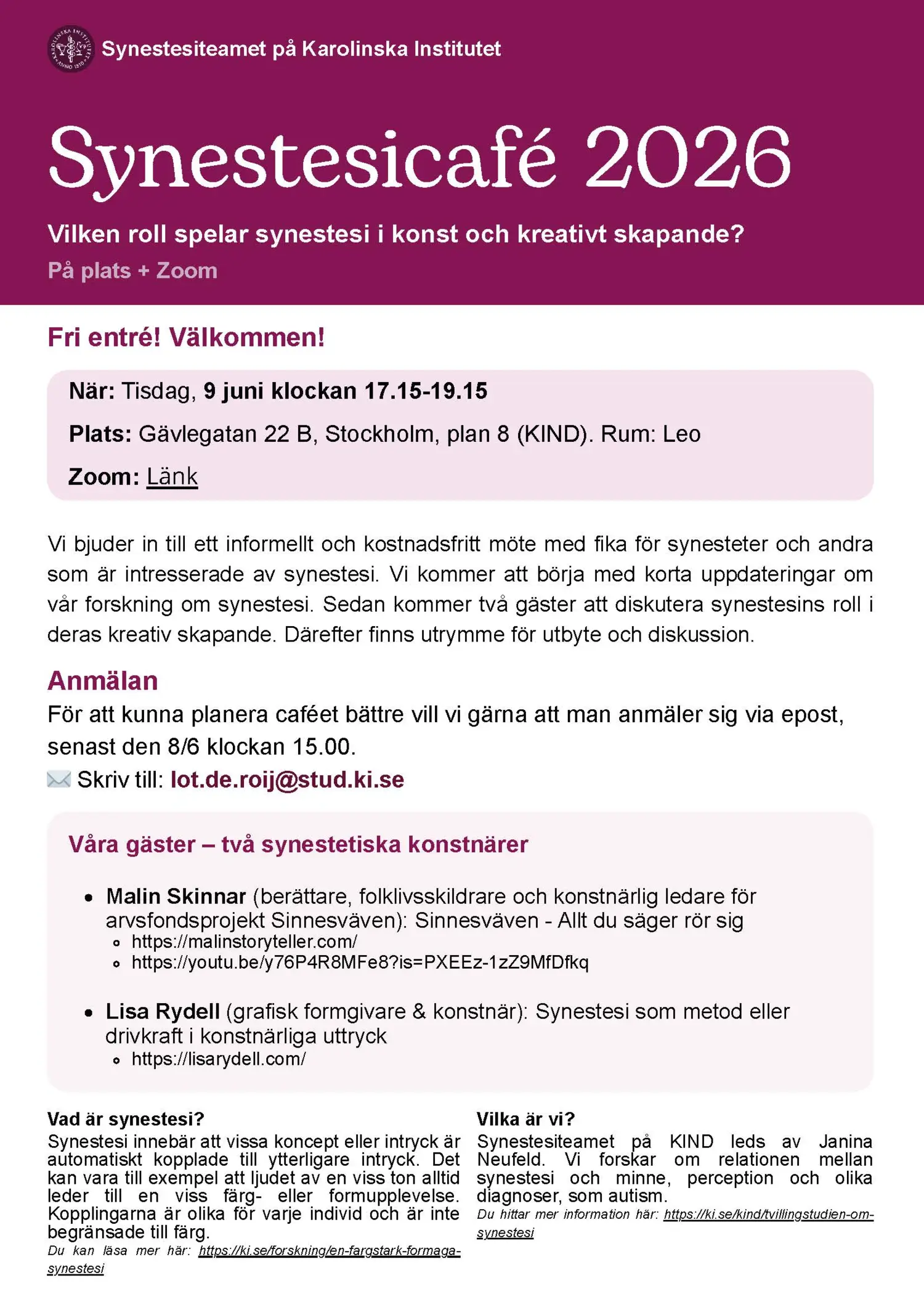 Inbjudan till Synestesicafé.
