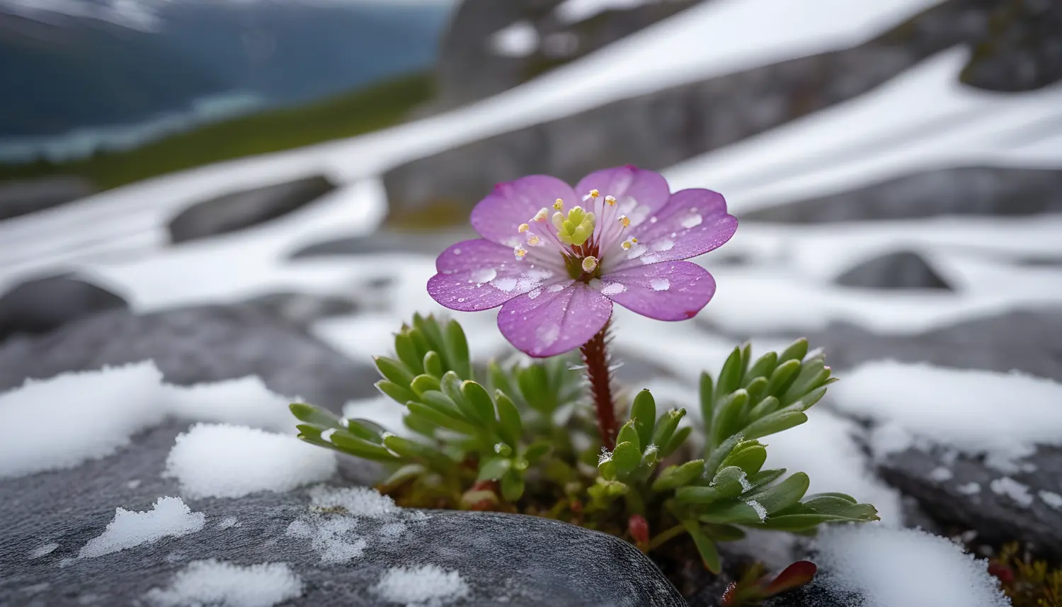 AI generated image of a purple flower growing in the snow