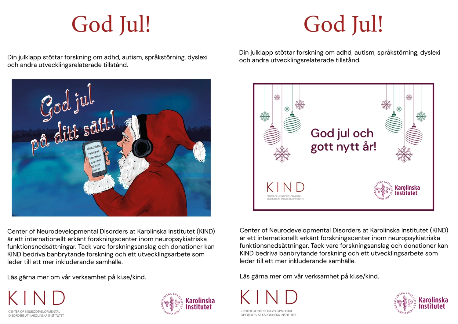 Två olika gåvobrev med texten God Jul. Det ena har en tecknad tomte, det andra en grafisk illustration av julgranskulor.