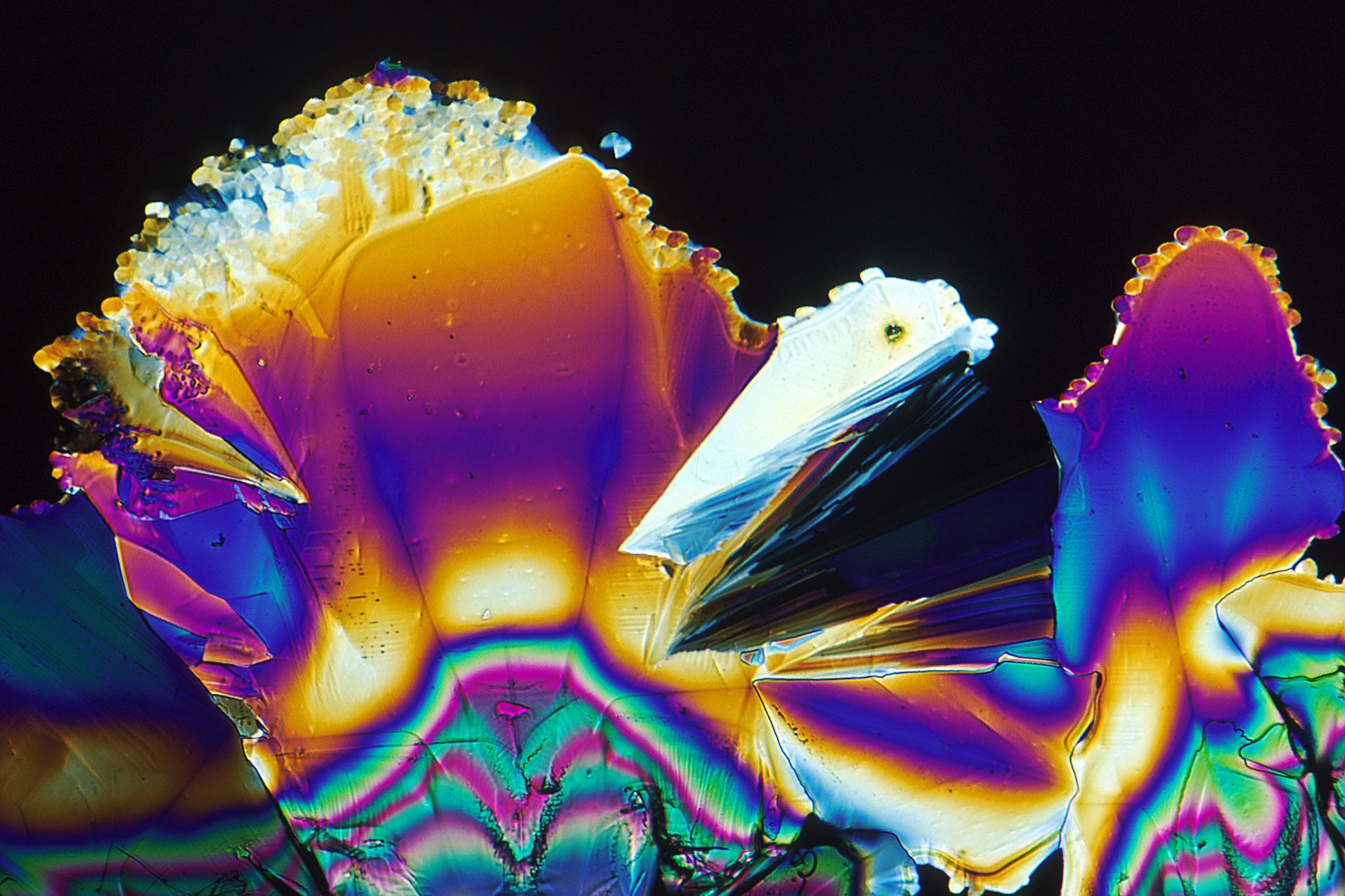 Antiviral dryg. Polarized crystals (photographed through a microscope) of the drug 2-3 dideoxyadenosine. Photo: NIH, cc-by-nc