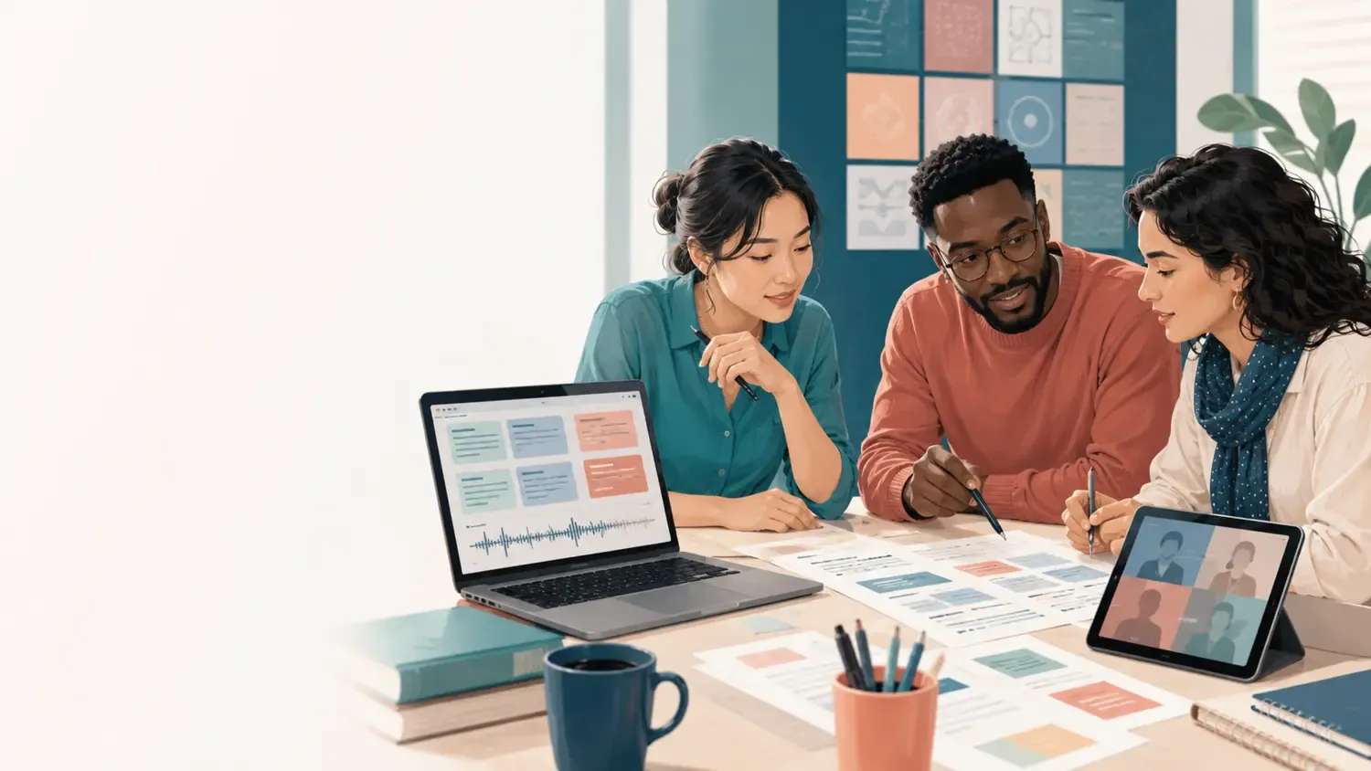 The image shows three people proofreading text on paper, a computer, and a tablet.