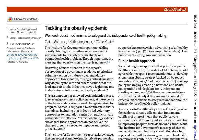 Screenshot of the text Tackling the obesity epidemic - free access