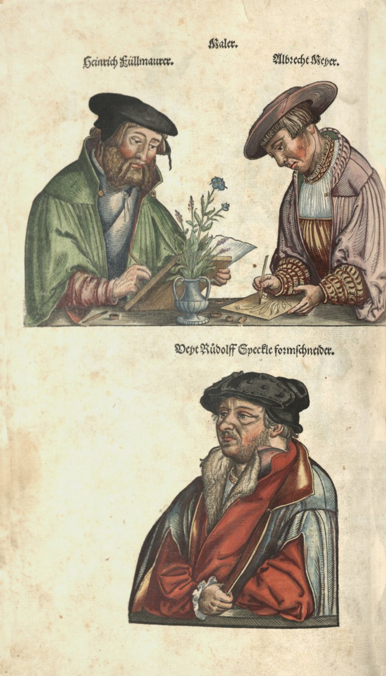 Hand färgad woodcut. Basel 1543. Visar tre artister från 1500-talet i samtida kläder