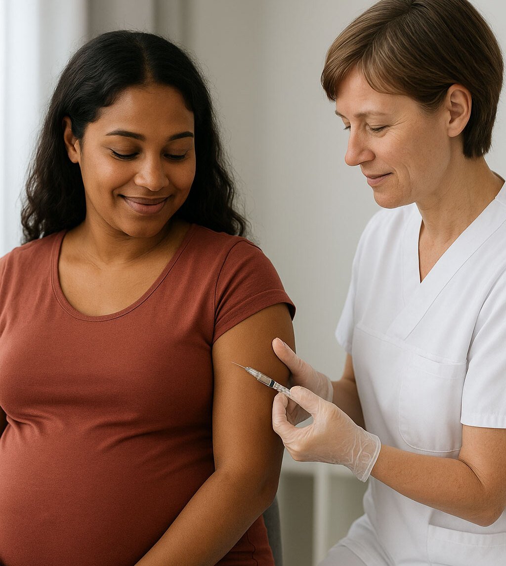 Gravid kvinna får vaccination utav en sköterska.