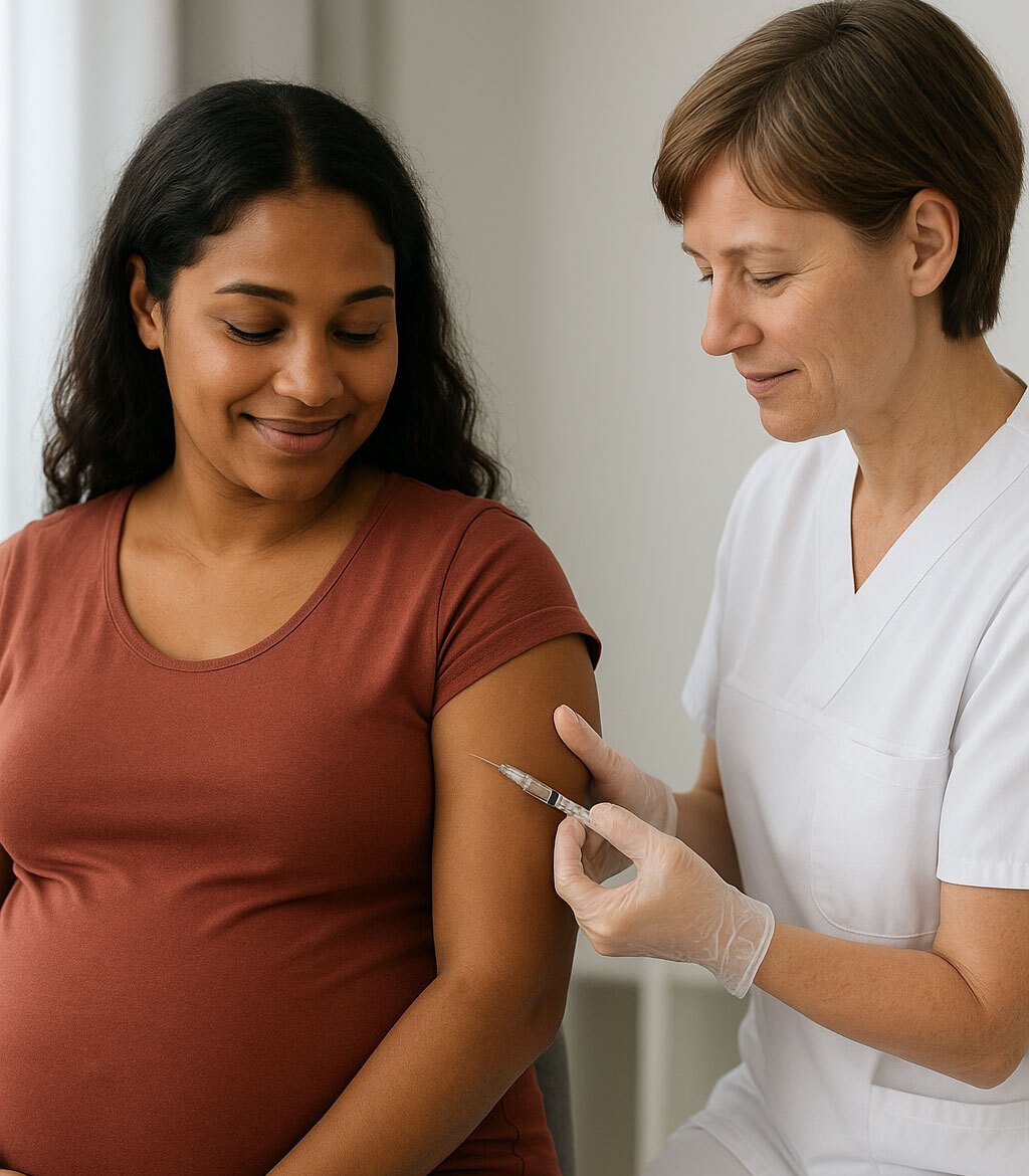 Pregnant woman receiving a vaccination from a nurse.
