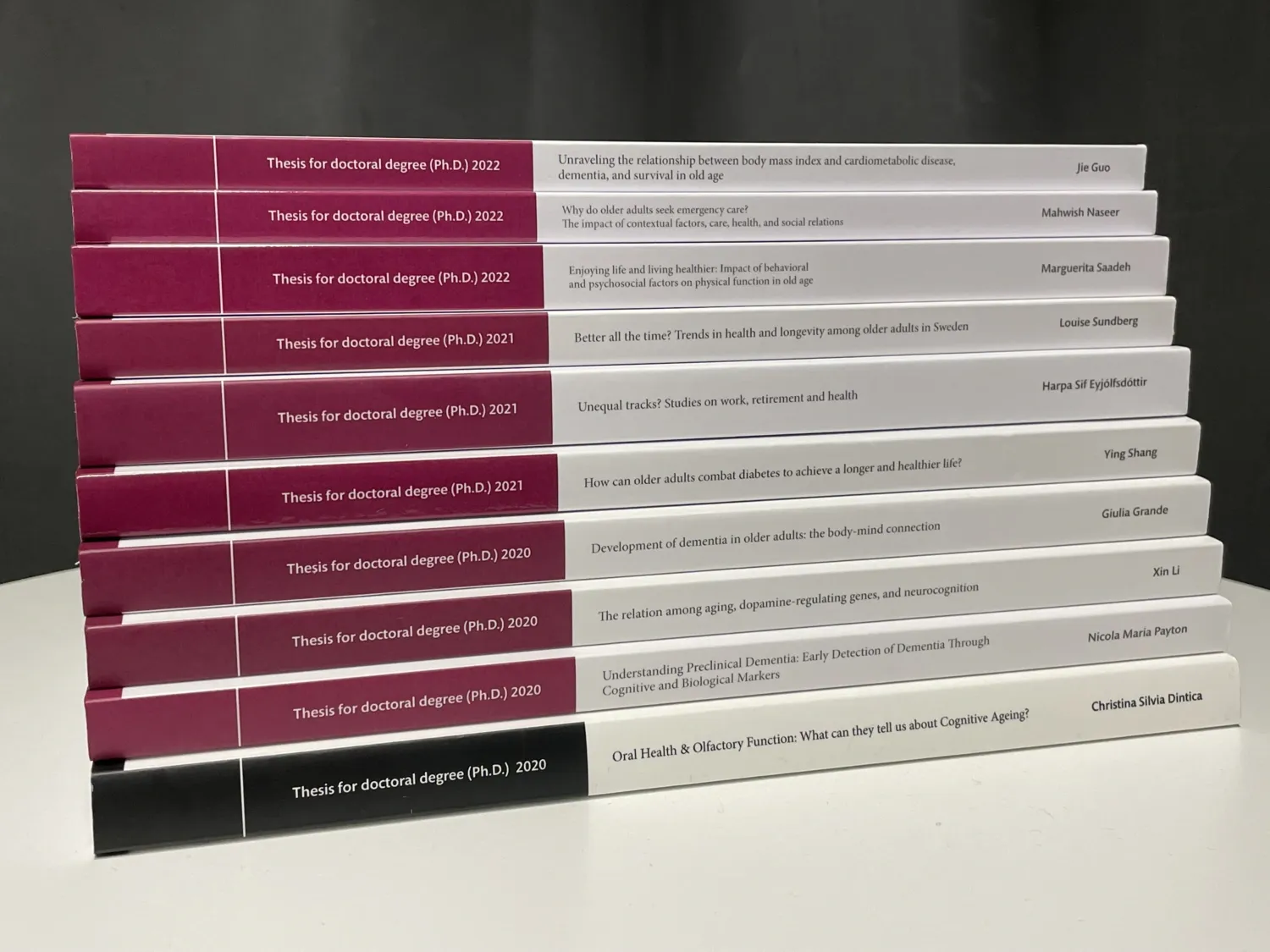Doctoral theses piled on one another on a table.