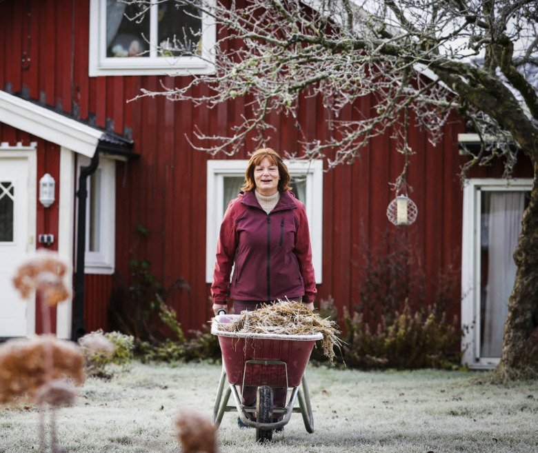 Bild på Nina Höjdefors som drar en skottkärra på tomten. Nina deltar i KI-studien: Kapacitet och hälsa.