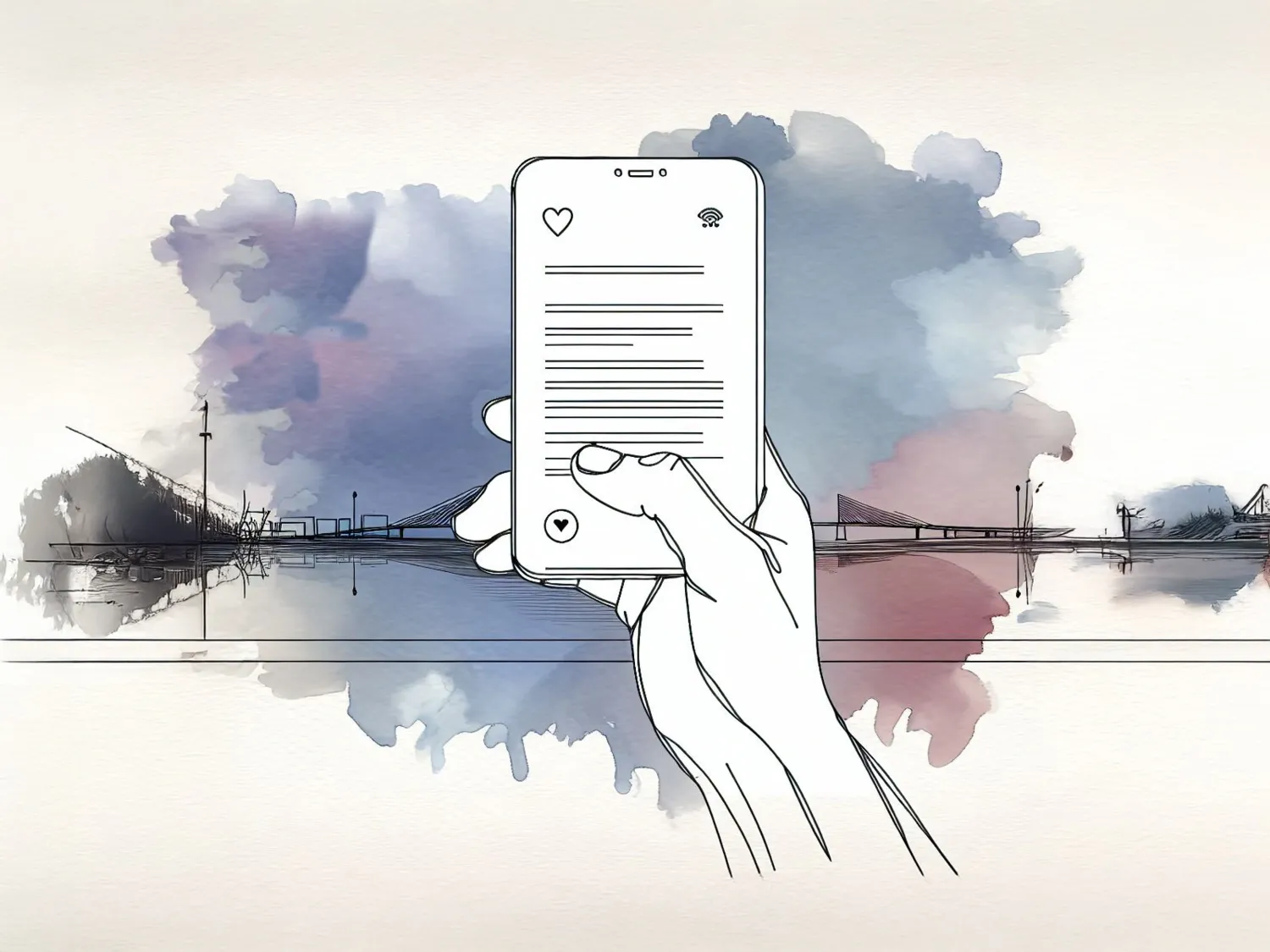 AI generated drawing of a hand holding a smartphone with text on the screen. In the background you see a city skyline.