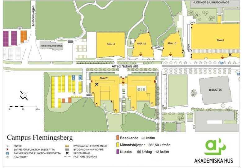 Besöksparkeringar finns vid Anatomivägen och utanför ANA 23.