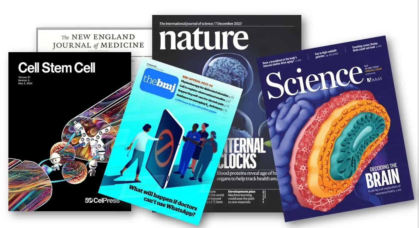 Montage of journal covers: NEJM, Cell Stem Cell, BMJ, Nature and Science.