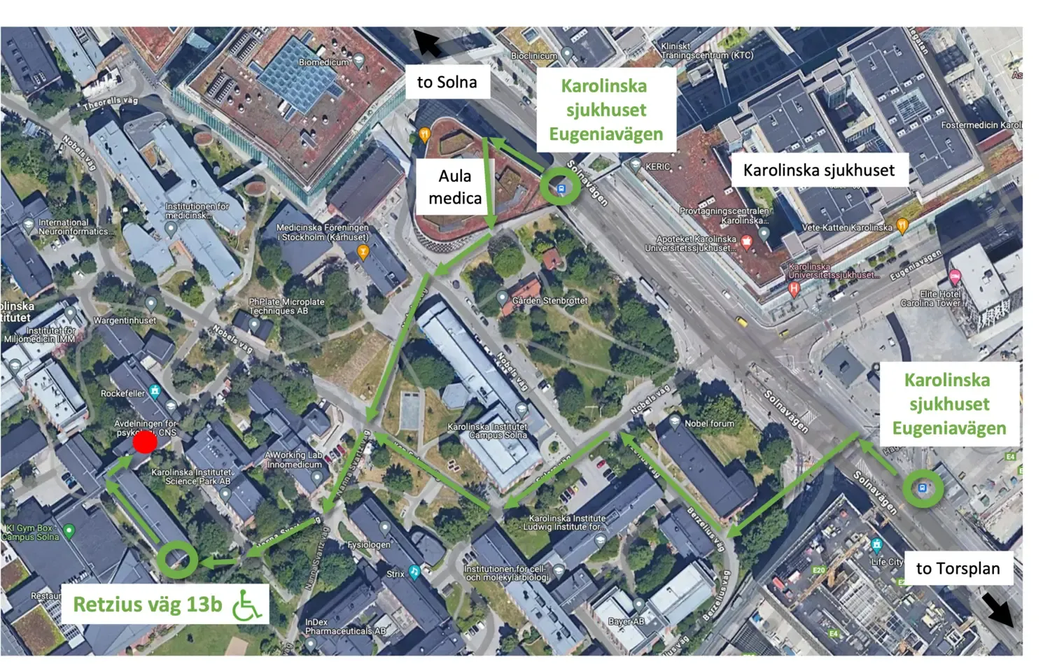 Flygbild över Campus Solna som visar vägen till NatMEGs laboratoriums ingång via Retzius väg 13.