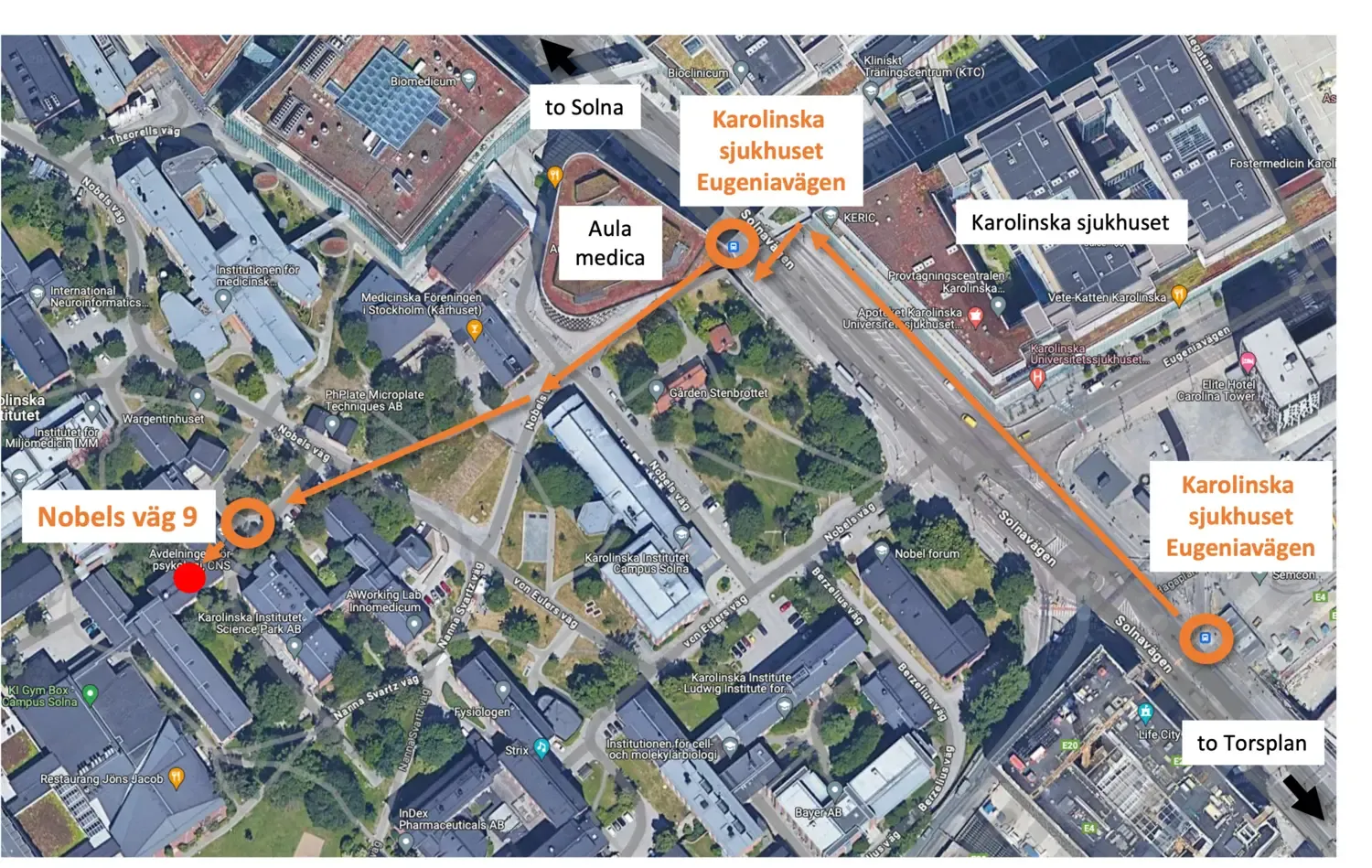 Flygbild över Campus Solna som visar vägen till NatMEGs laboratorium.