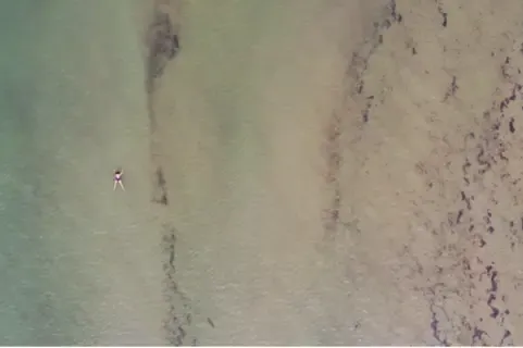 Bild från drönare (VLOS) på 40 meters höjd, simulerad drunkning med person på 1.5 meters djup mot ljus sandbotten, Tylösand Halmstad.