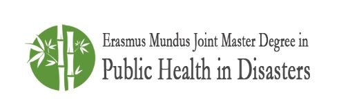A logo with a green circle with white bamboo sticks in it and the text Erasmus Mundus Joint Master Public Health in Disasters