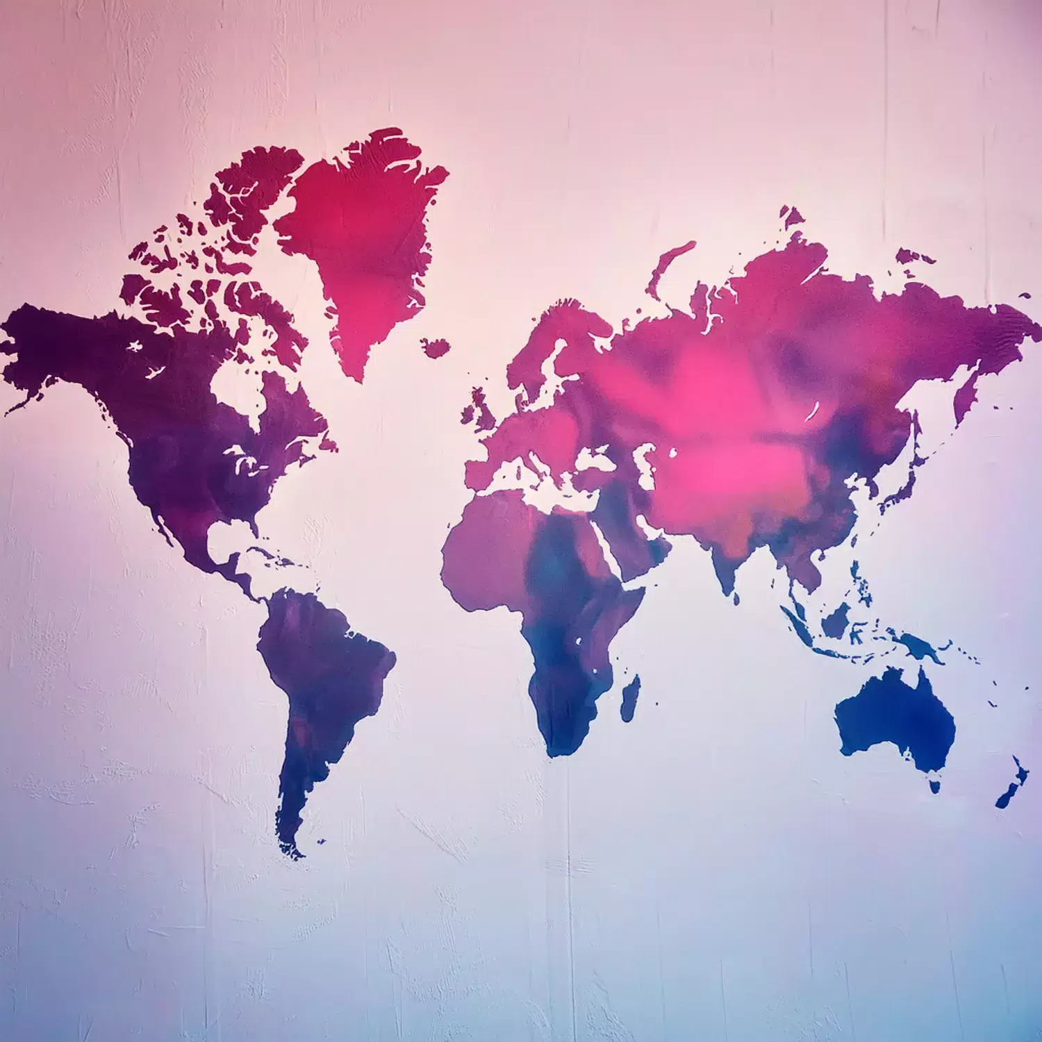 Painting of a world map in pink, blue and purple colors