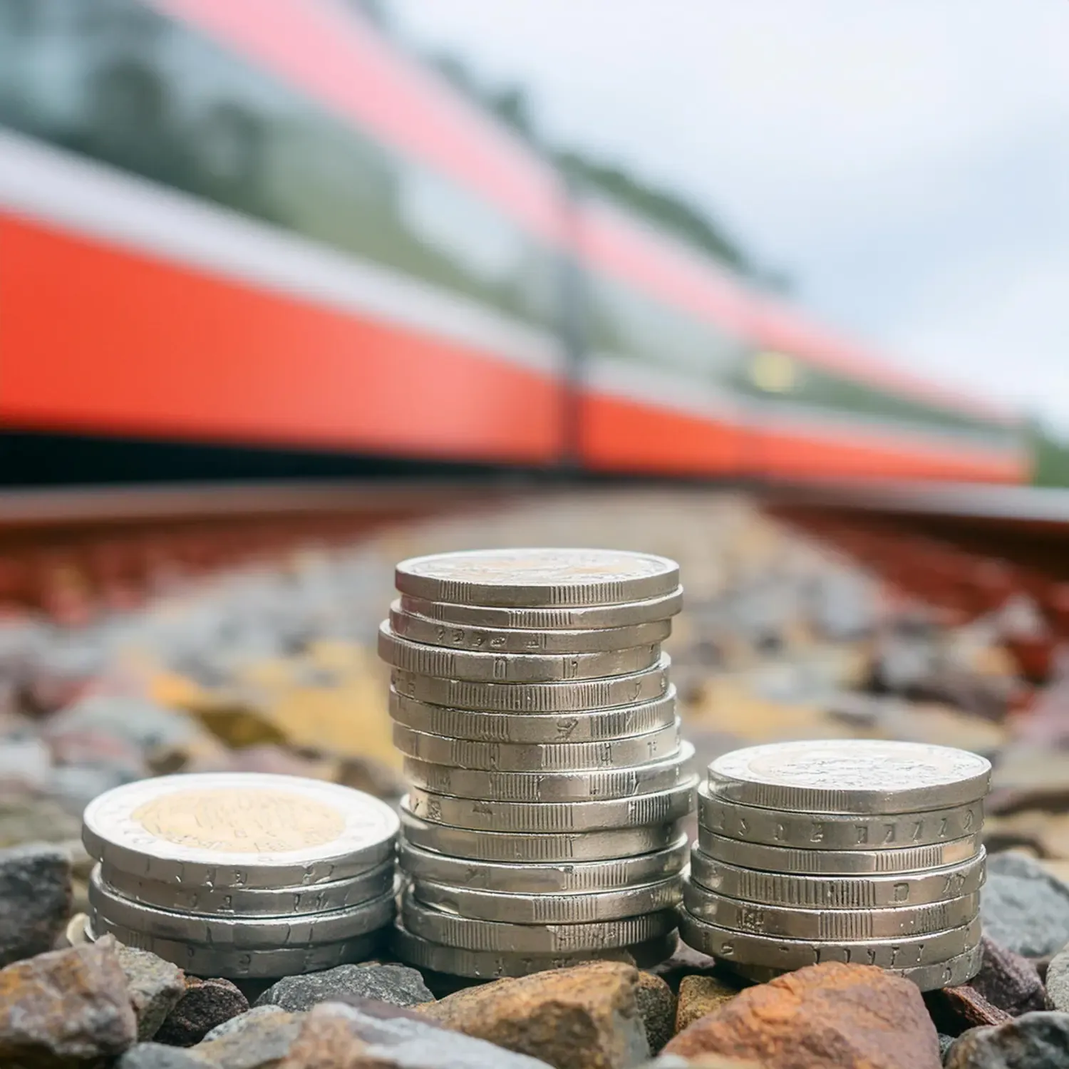Konceptuellt foto av mynt på marken nära en järnväg