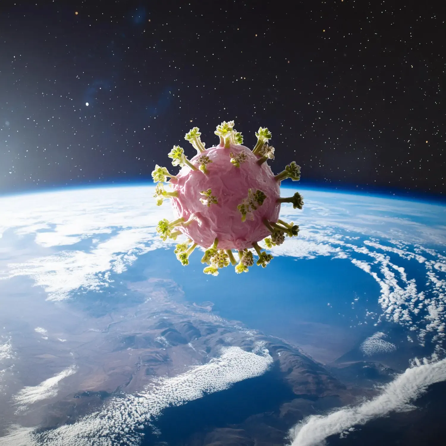Conceptual photo of a covid-19 virus in front of the earth