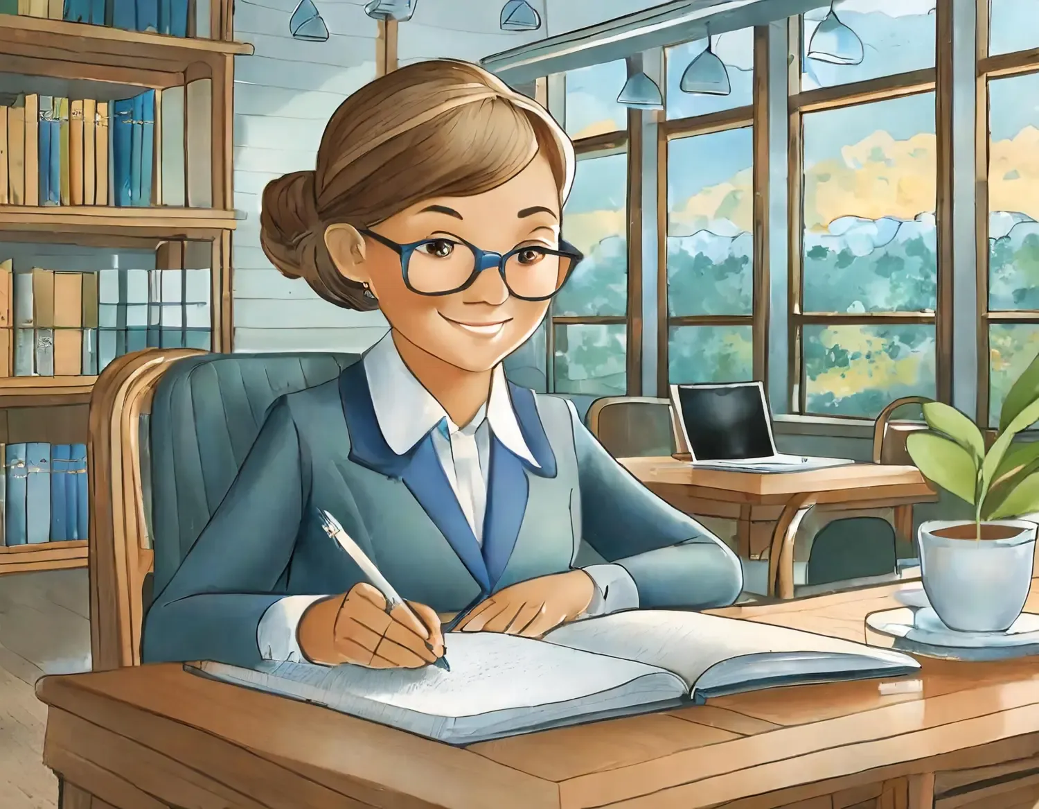 Illustration of a woman that writes a grant.