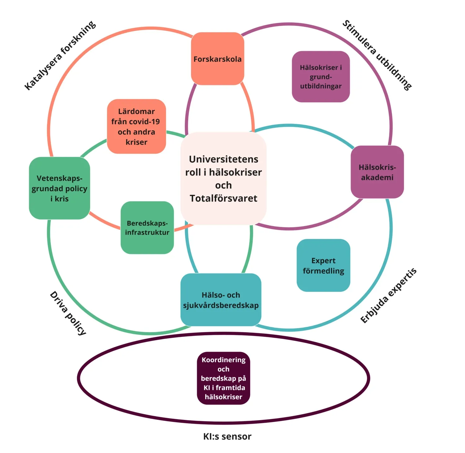 Cirklar som går in i varandra. I cirklarna står det: lärdomar från covid-19, forskarskola, hälsokriser i grundutbildningar, hälsokrisakademi, expertförmedling, KI:s sensor, hälso- och sjukvårdens beredskap, beredskapsinfrastruktur mm