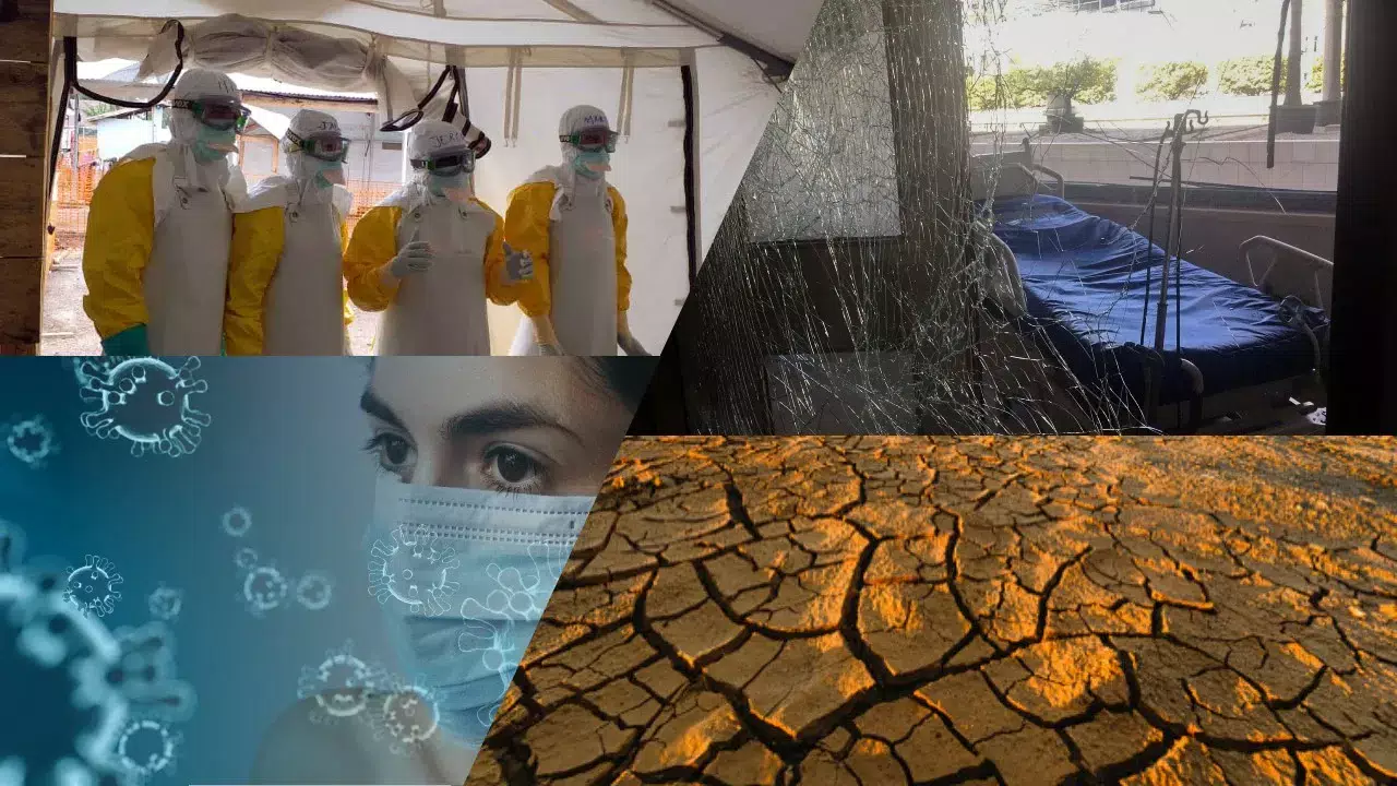 Collage of four images. From left: four people in ppe, smashed window to a hospital room, dried soil, covid virus and woman wearing a face mask