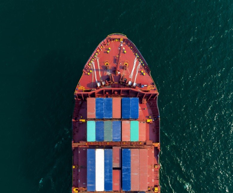 Picture of a cargo ship from above.