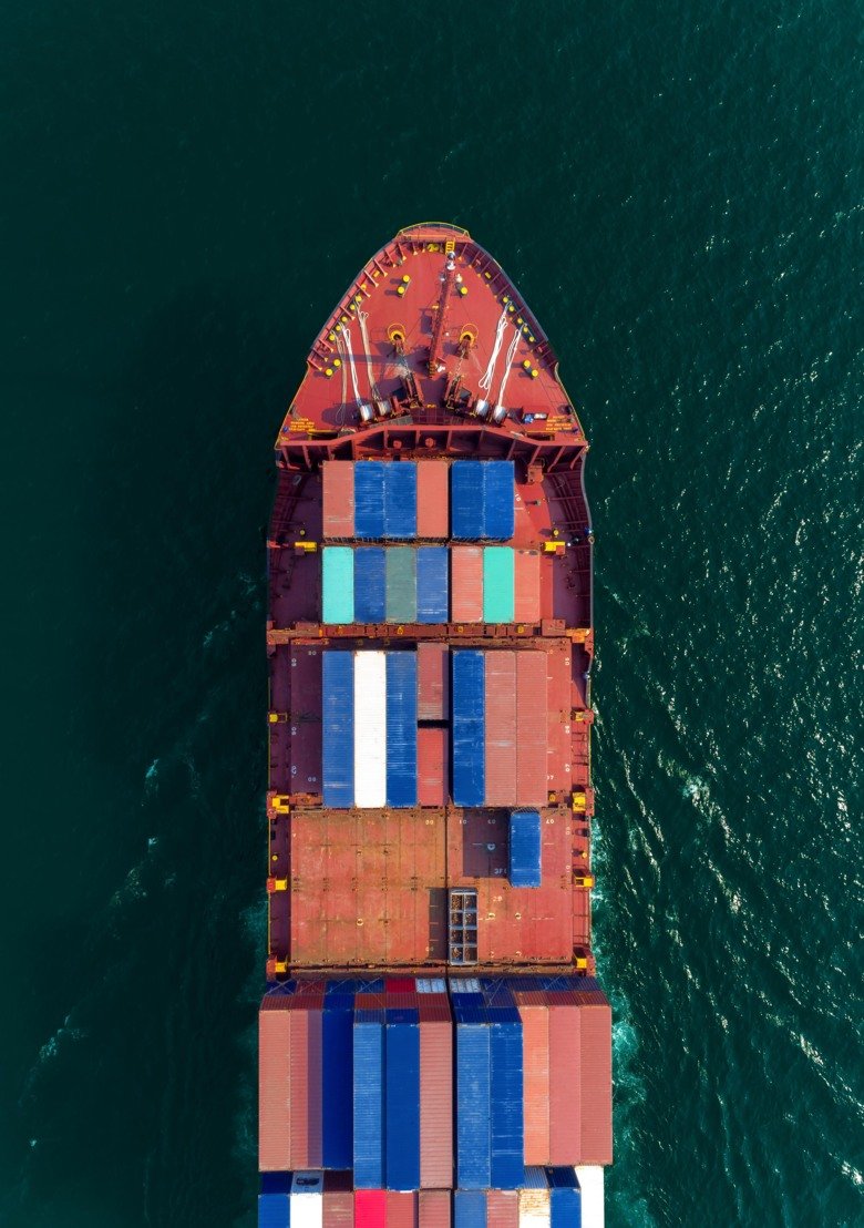 Picture of a cargo ship from above.