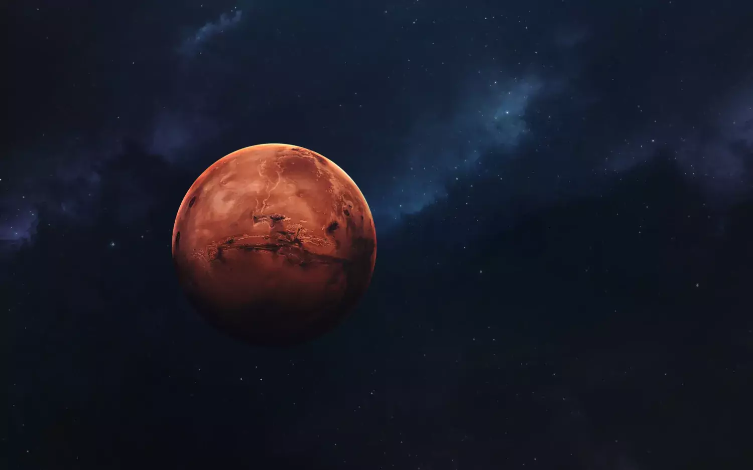 Illustration av planeten Mars på avstånd i rymden.