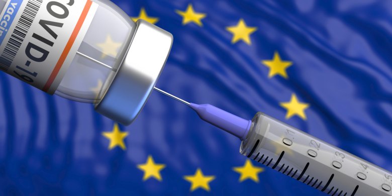 Vaccine syringe with EU-flag in background