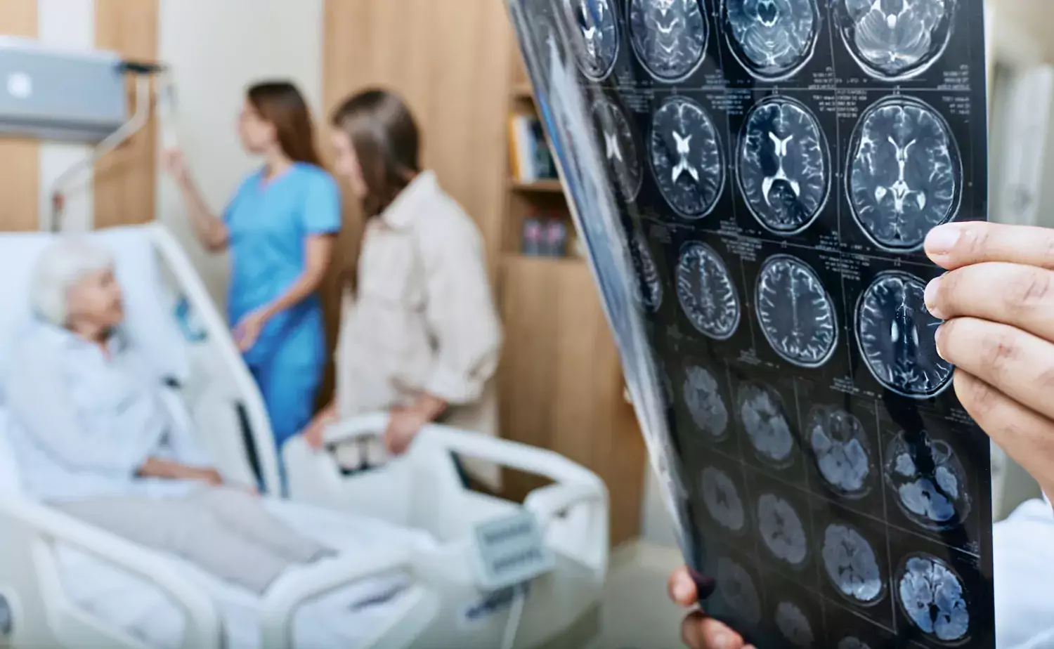 Stroke patient in hospital bed.